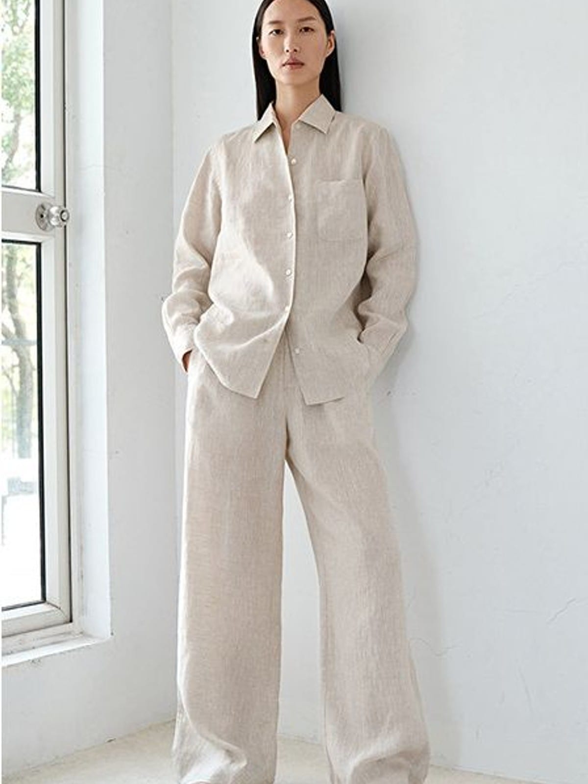MSBEAST Linen Button Up Shirt Shorts Set in Beige - On Female Model