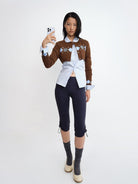 RARELY ALIKE Scalloped Peter Pan Collar Blouse in Sky Blue - On Female Model