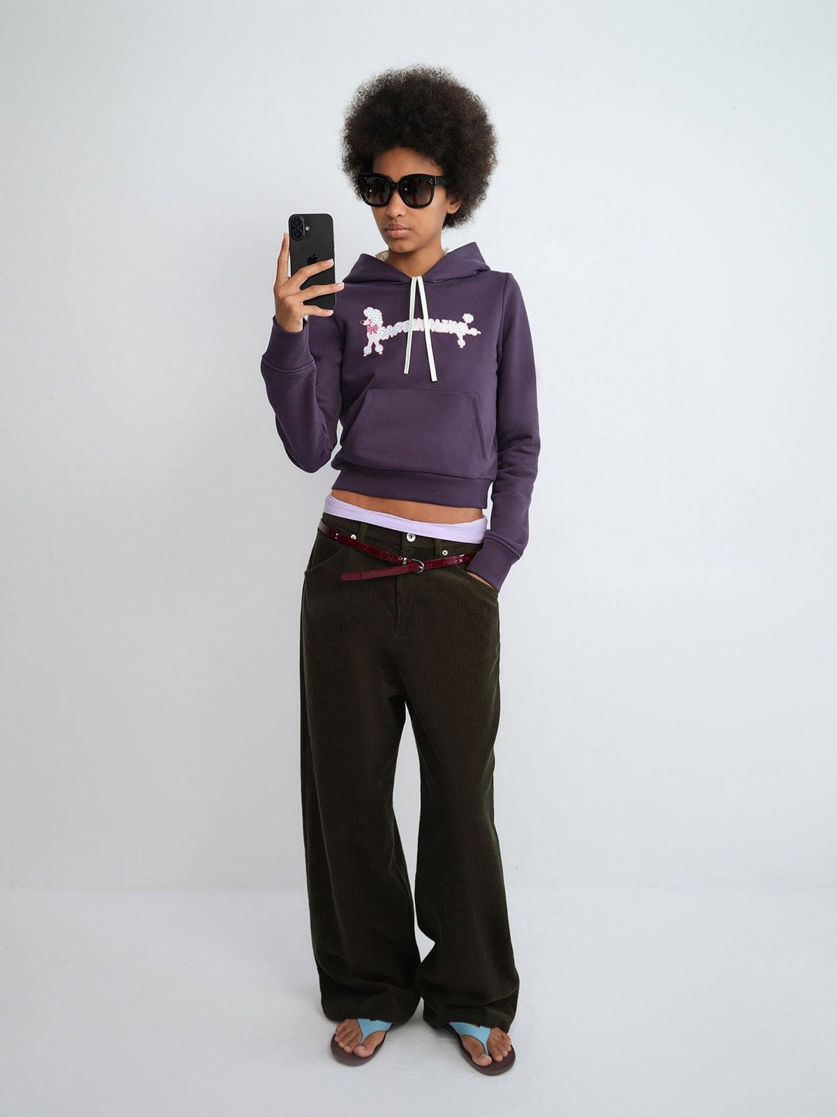 RARELY ALIKE Polka Dot Poodle Cropped Hoodie in Purple - On Female Model