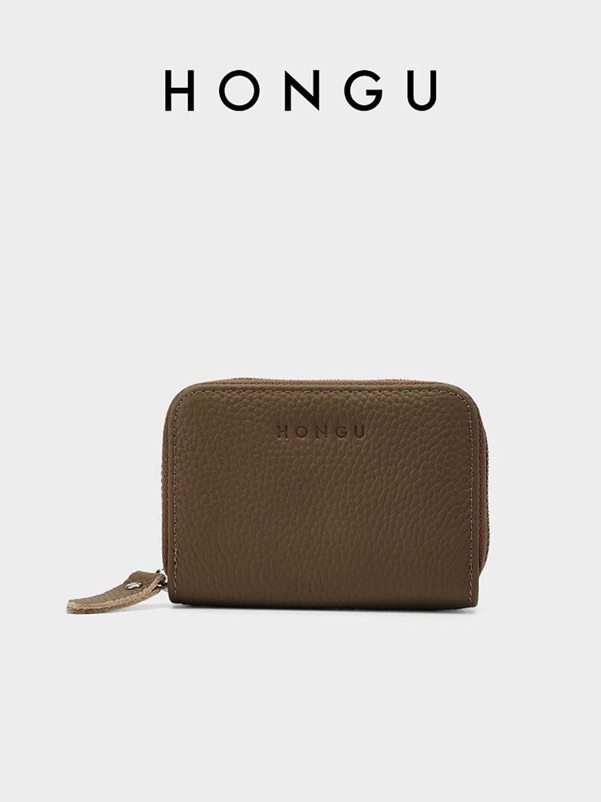 HONGU Pebbled Leather Zip Wallet in Beige