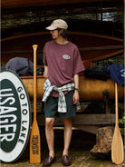 USAGE Canoe Club Graphic Cotton T Shirt in Burgundy - On Male Model