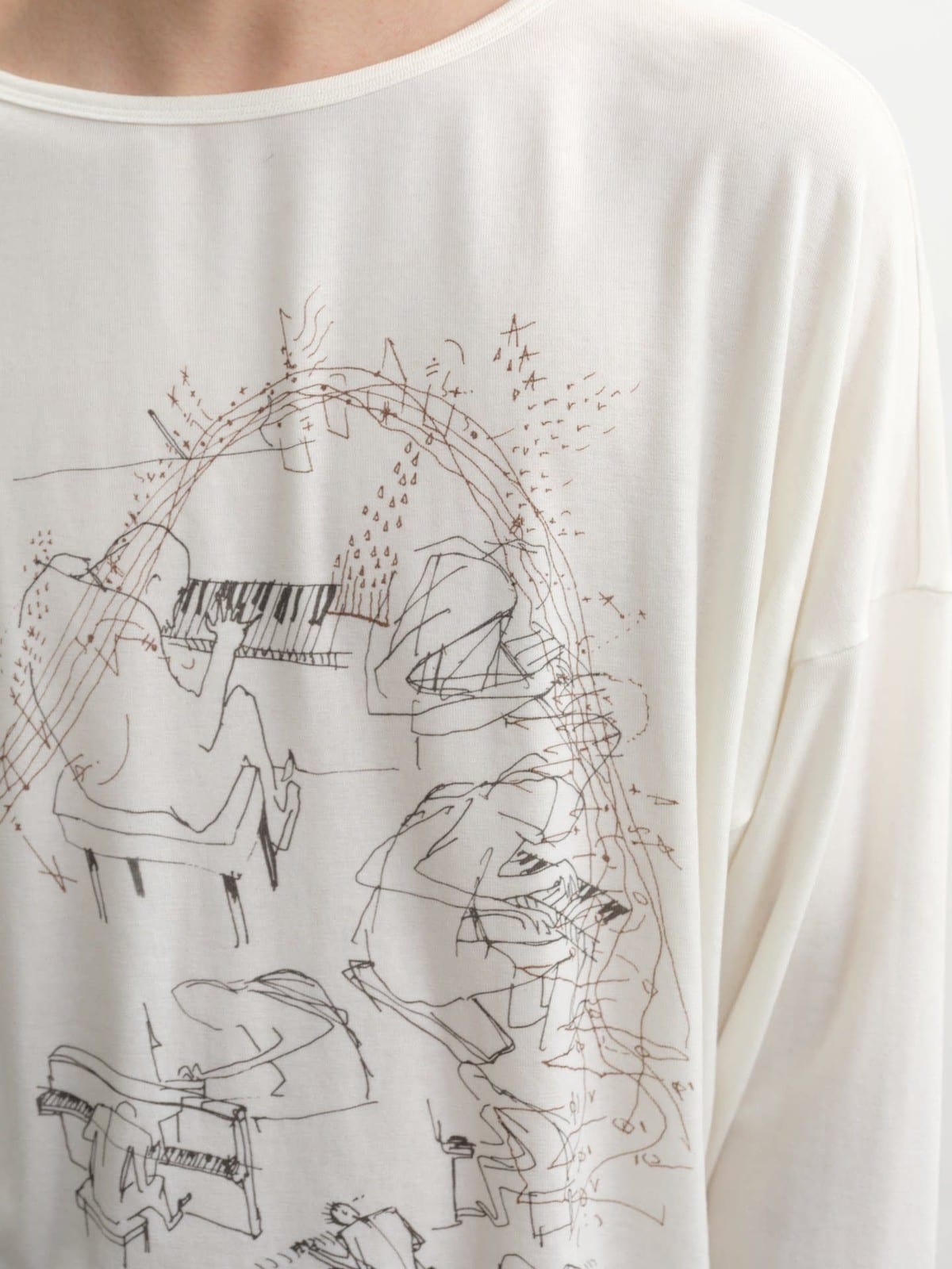 JCAESAR STUDIO Piano Print Tencel Wool Long Sleeve Top in White - On Model