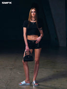 SMFK Ribbed Cotton Blend Cropped T Shirt in Black - On Female Model