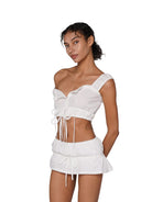 SweetChilling Scalloped Tie Front Cotton Blend Crop Top in White - On Female Model