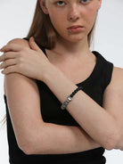 BLACKHEAD Black Agate Steel Beaded Bracelet in Black - On Female Model