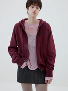 SIMPLE PROJECT Cotton Blend Zip Up Hoodie in Burgundy - On Female Model