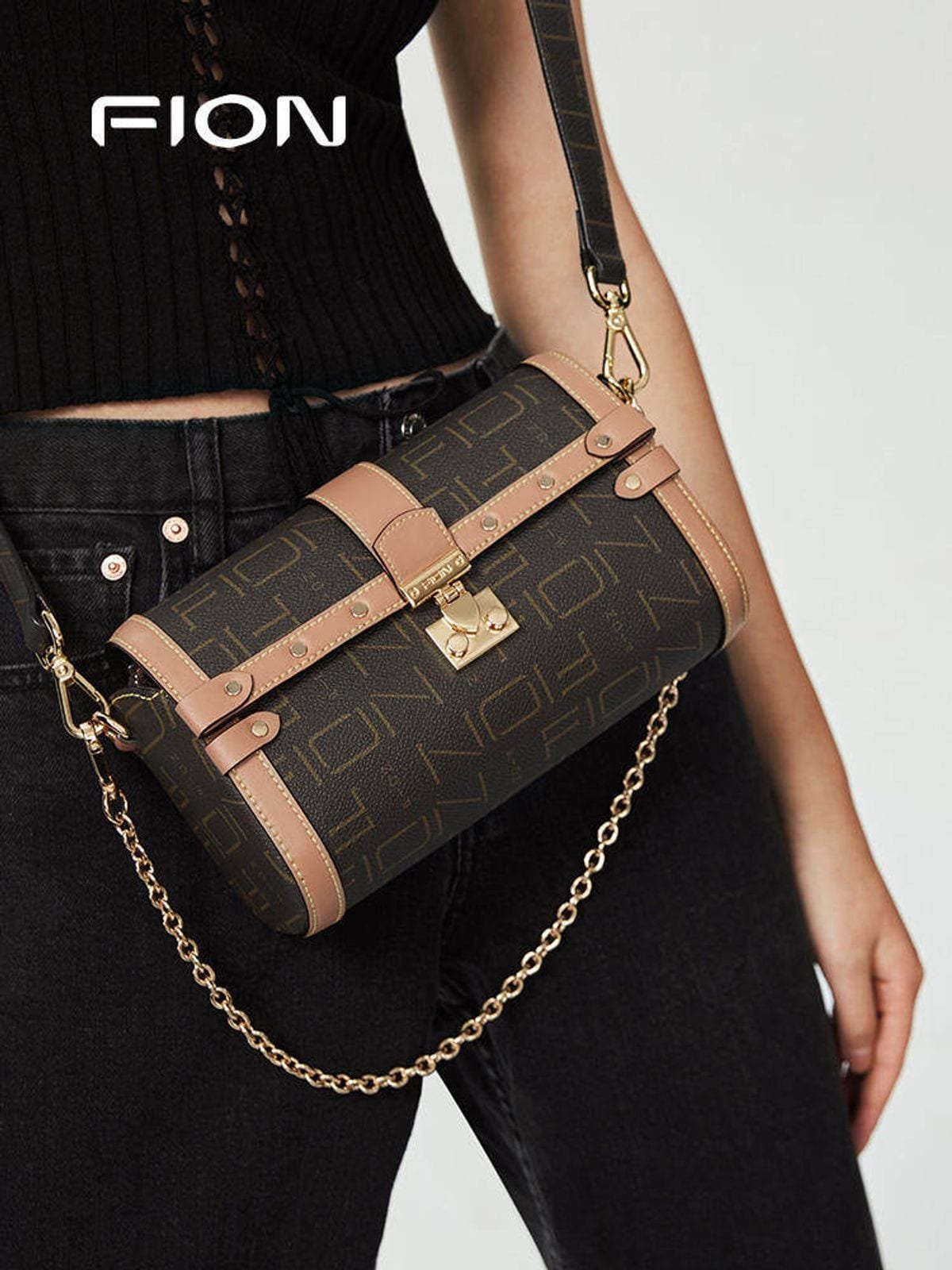 FION Coated Canvas Lock Clasp Boston Bag in Brown - On Female Model