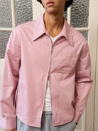 Retro 21 Pink Beige Double Zip Cotton Shirt in Off-White - On Male Model