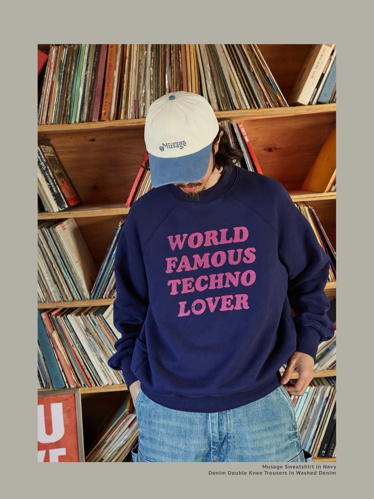 USAGE Heavyweight Raglan Graphic Sweatshirt in Navy Blue - On Male Model