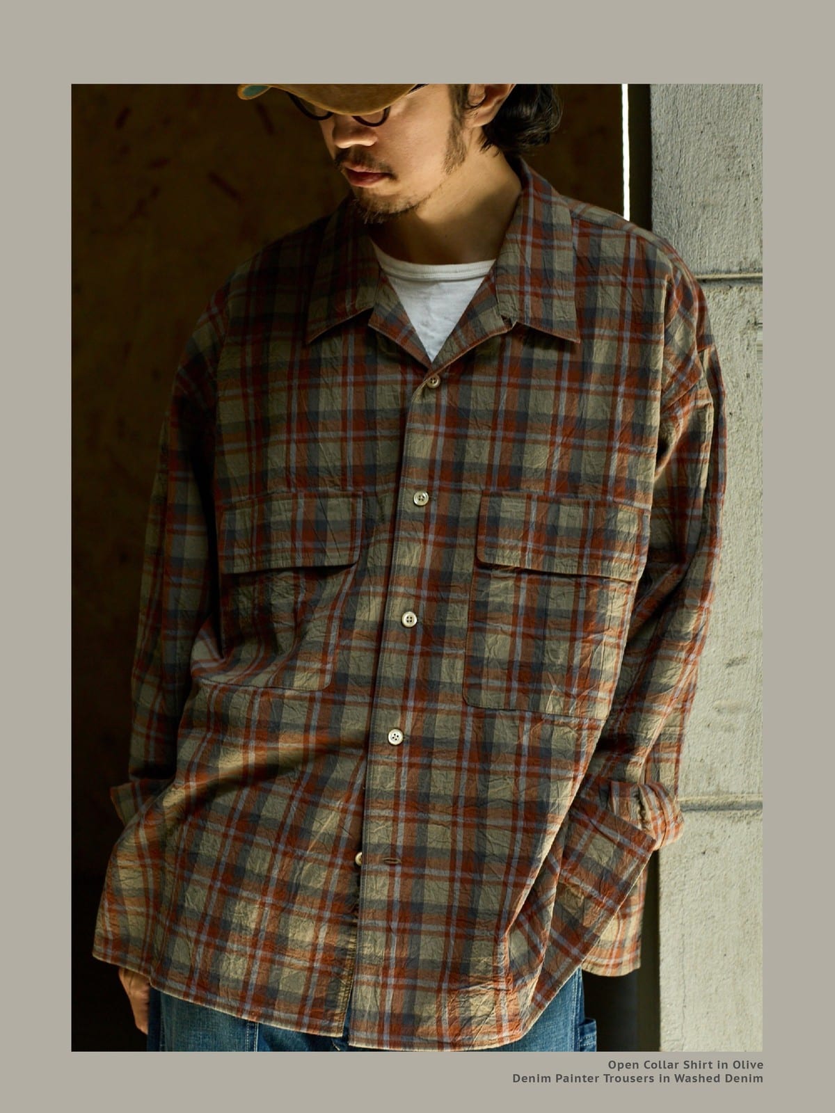 USAGE Washed Crinkle Plaid Open Collar Shirt in Orange - On Male Model