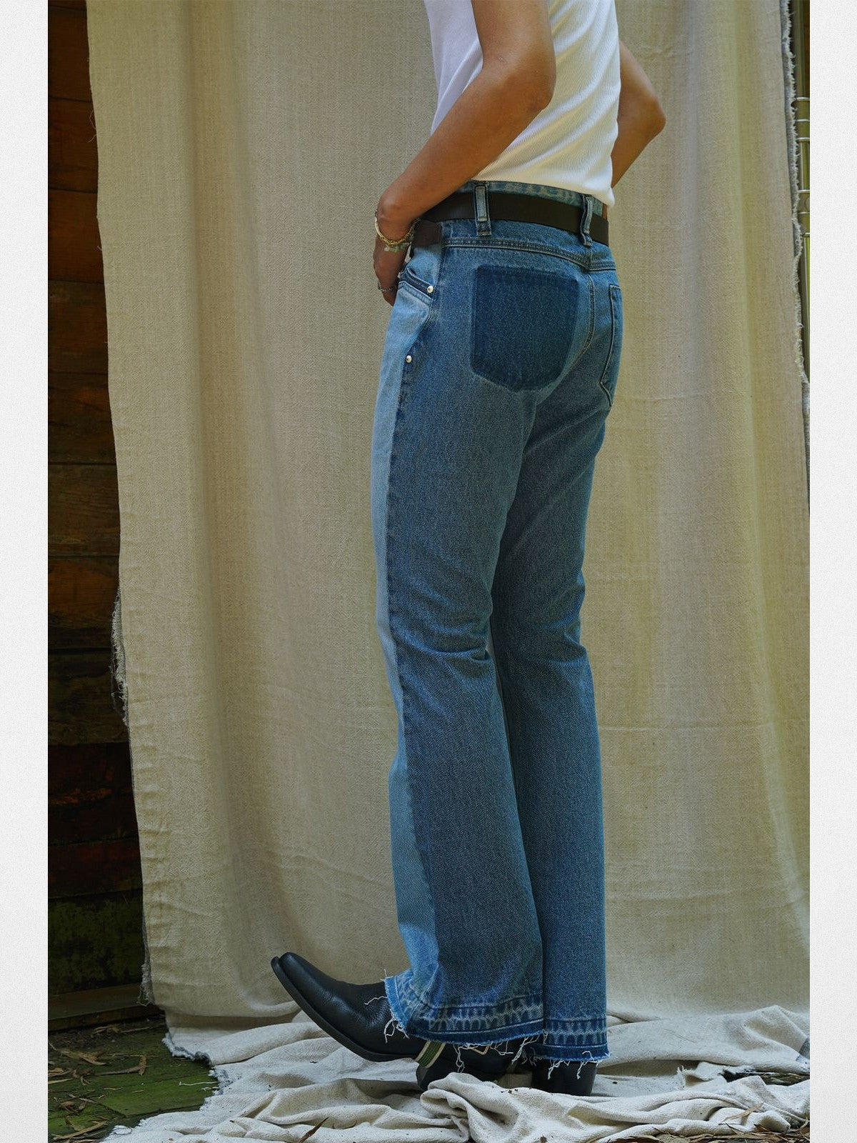 Retro 21 Spliced Contrast Flared Jeans in Denim - On Model
