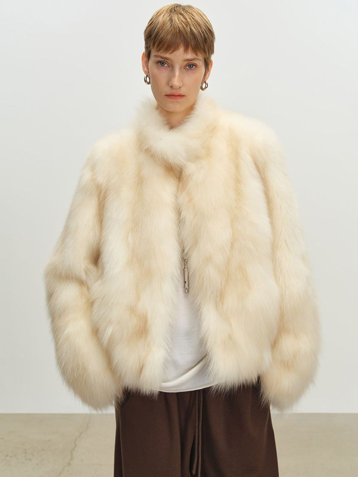 MSBEAST Stand Collar Fox Fur Jacket in White - On Female Model