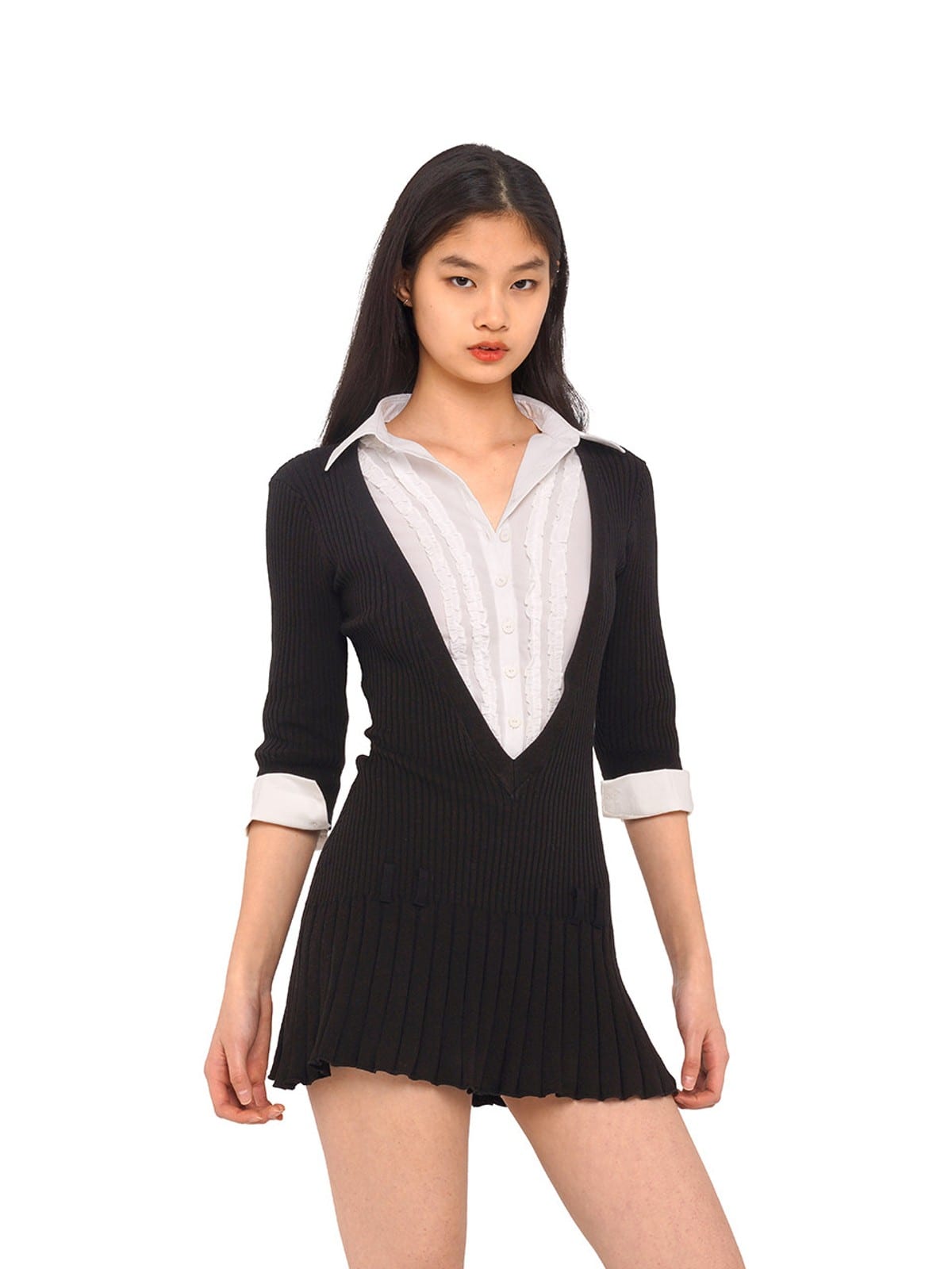 SweetChilling Layered V Neck Pleated Mini Dress in Black - On Female Model