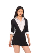 SweetChilling Layered V Neck Pleated Mini Dress in Black - On Female Model