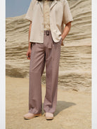 Retro 21 Pleated Straight Leg Trousers in Beige - On Model