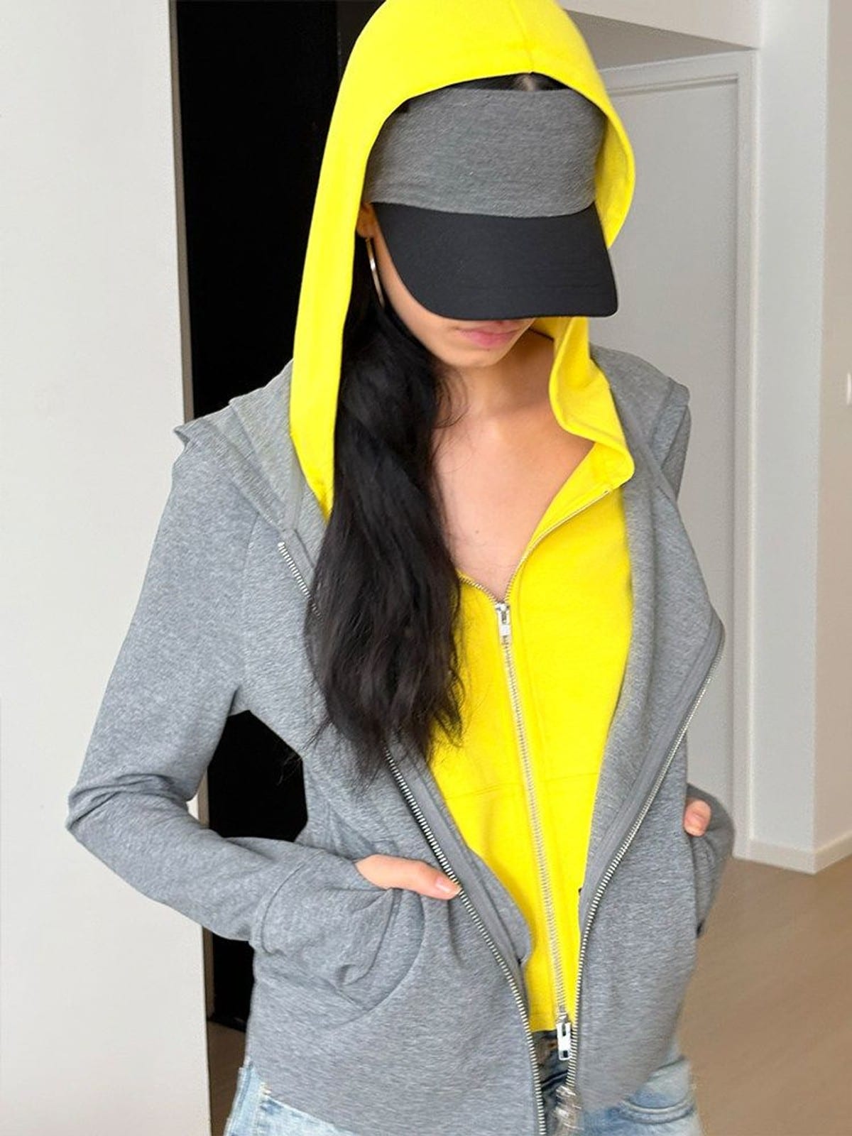 RARELY ALIKE Asymmetric Layered Color Block Hoodie in Dark Gray - On Female Model