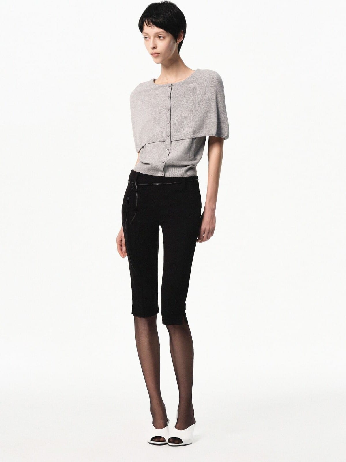 RARELY ALIKE Mock Two Piece Cape Knit Cardigan in Gray - On Female Model