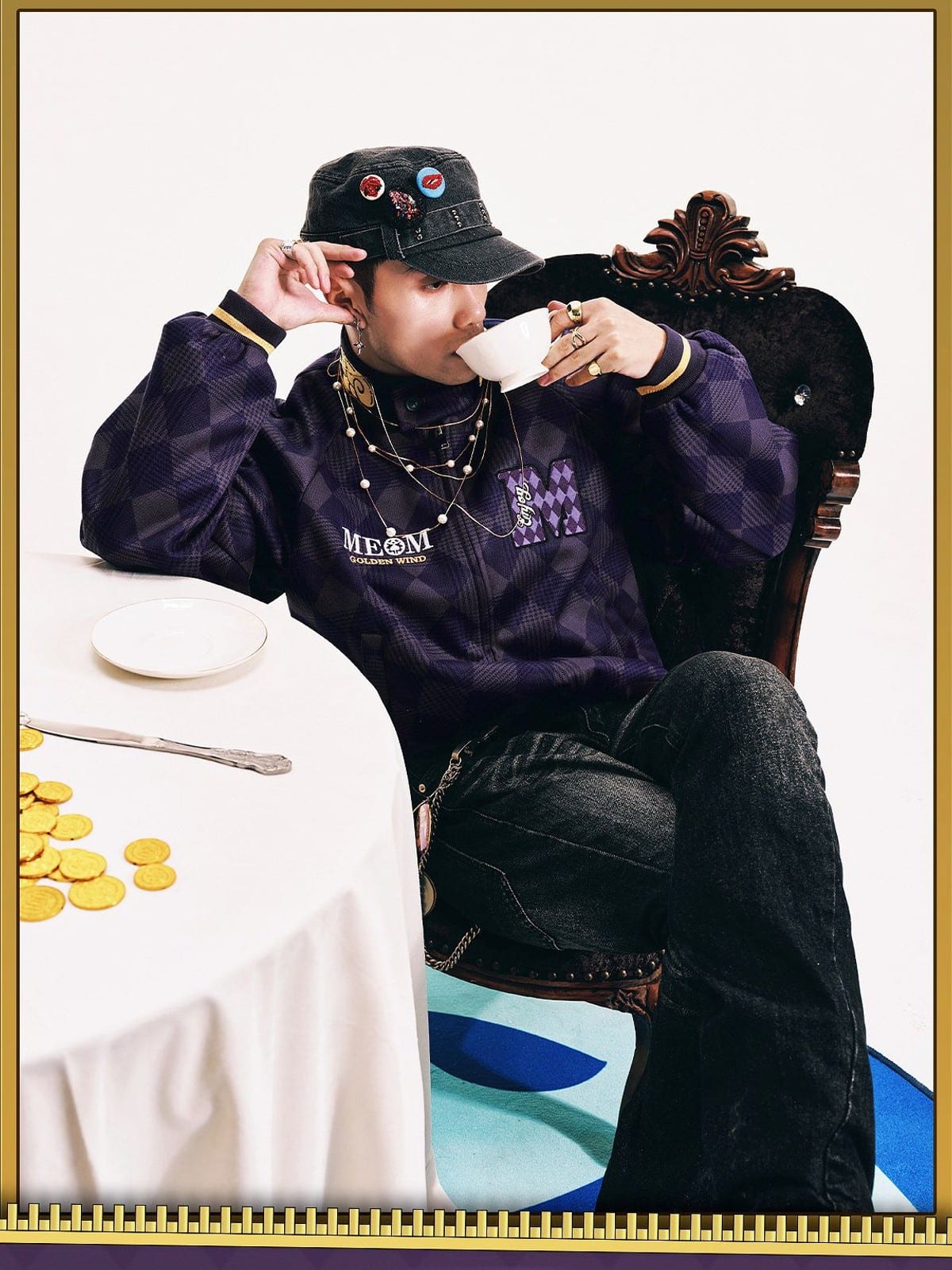 MEDM Embroidered JoJo Plaid Bomber Jacket in Purple - On Male Model