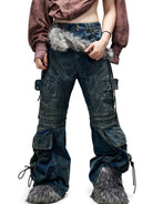 PERSONSOUL Dirty Wash Drawstring Flare Jeans in Denim - On Model
