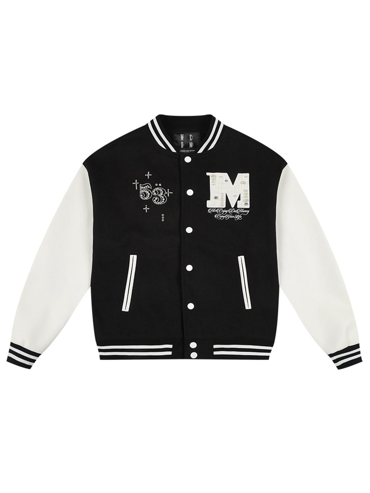 MEDM Pearl Embellished Varsity Jacket in Black