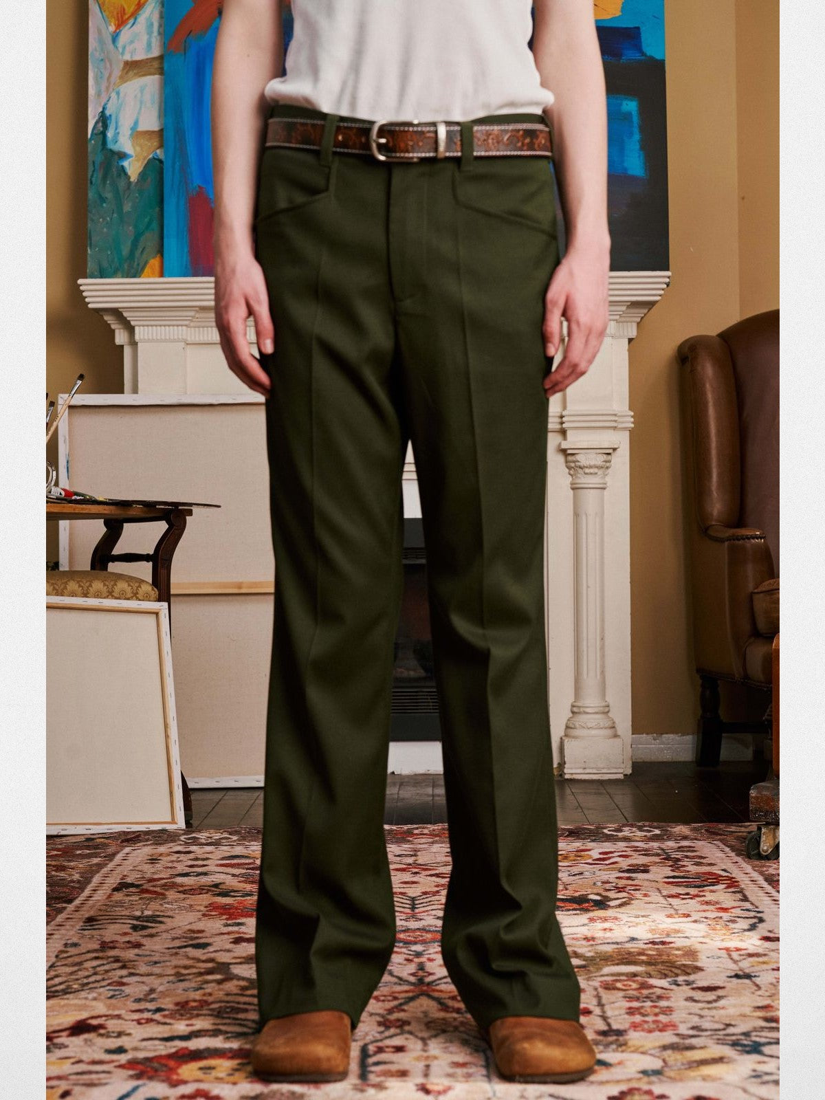 Retro 21 Center Seam Micro Flare Trousers in Green - On Model