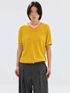 SIMPLE PROJECT Cashmere Blend V Neck Knit T Shirt in Yellow - On Female Model