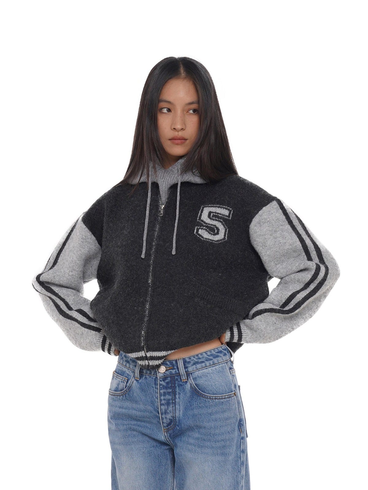 SweetChilling Colorblock Varsity Zip Up Cardigan in Gray - On Female Model