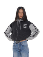 SweetChilling Colorblock Varsity Zip Up Cardigan in Gray - On Female Model