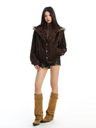 BIGGOLD STUDIO Faux Suede Mock Layered Hooded Jacket in Coffee - On Female Model