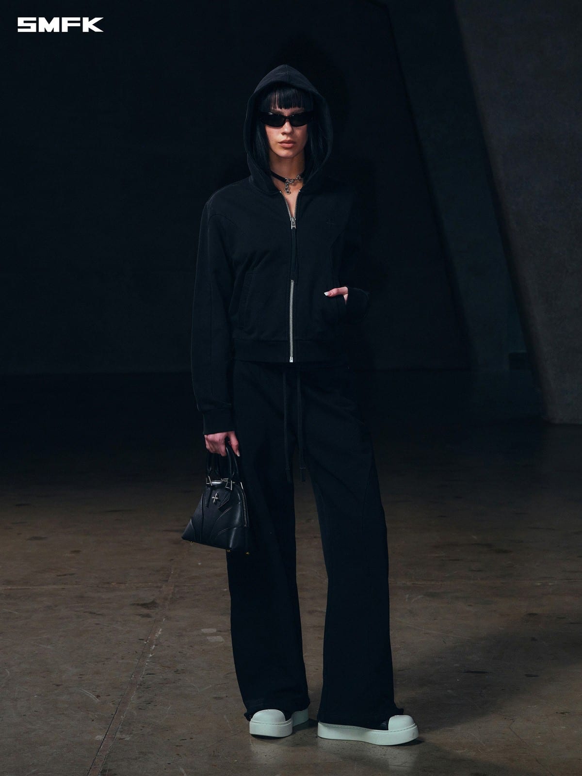 SMFK Embroidered Cropped Zip Up Hoodie in Black - On Female Model