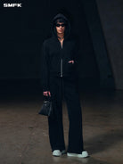 SMFK Embroidered Cropped Zip Up Hoodie in Black - On Female Model