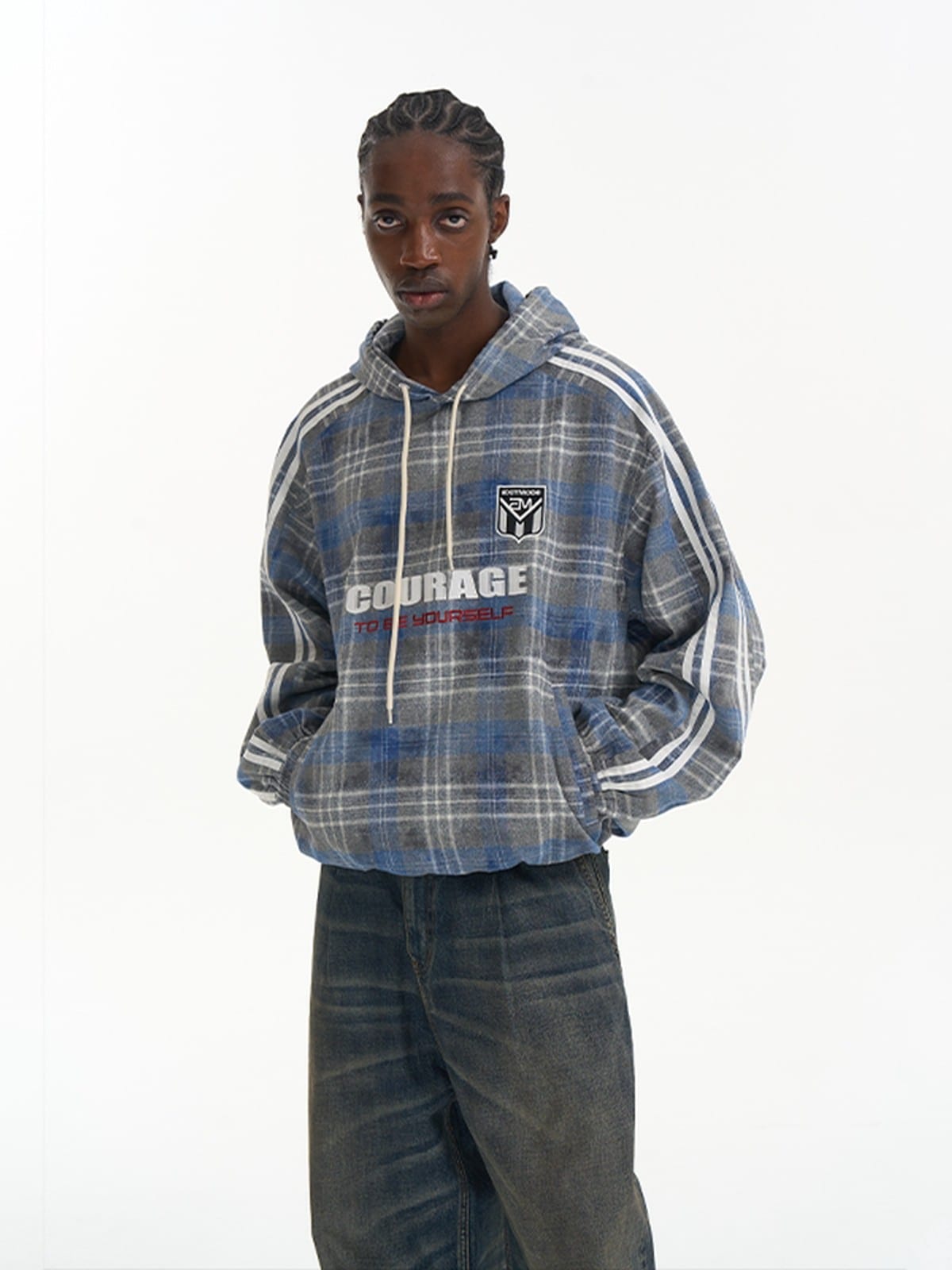 BLINDNOPLAN Paneled Plaid Pullover Hoodie in Blue - On Male Model
