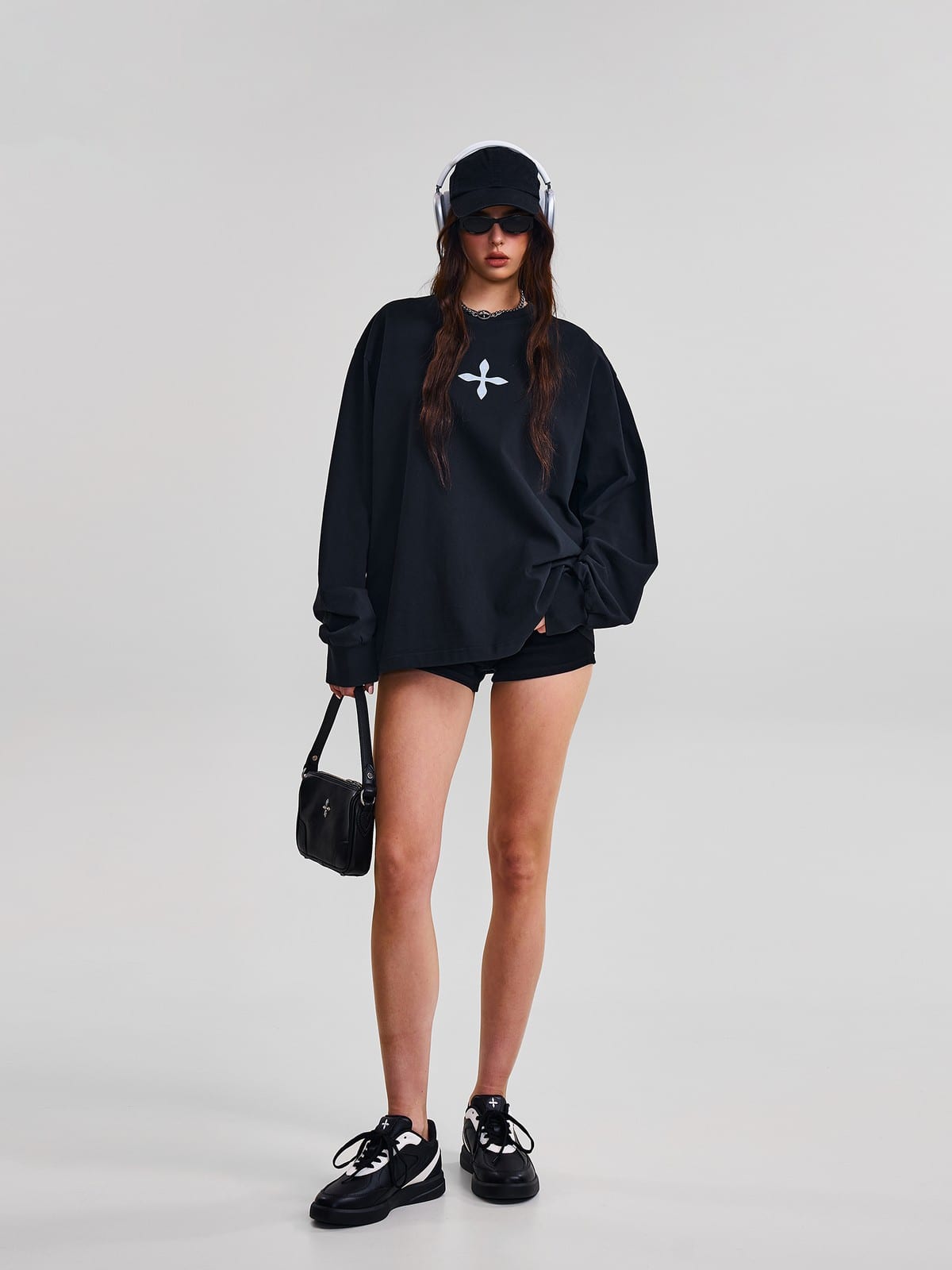 SMFK Oversized Cotton Long Sleeve Sweatshirt in Black - On Female Model