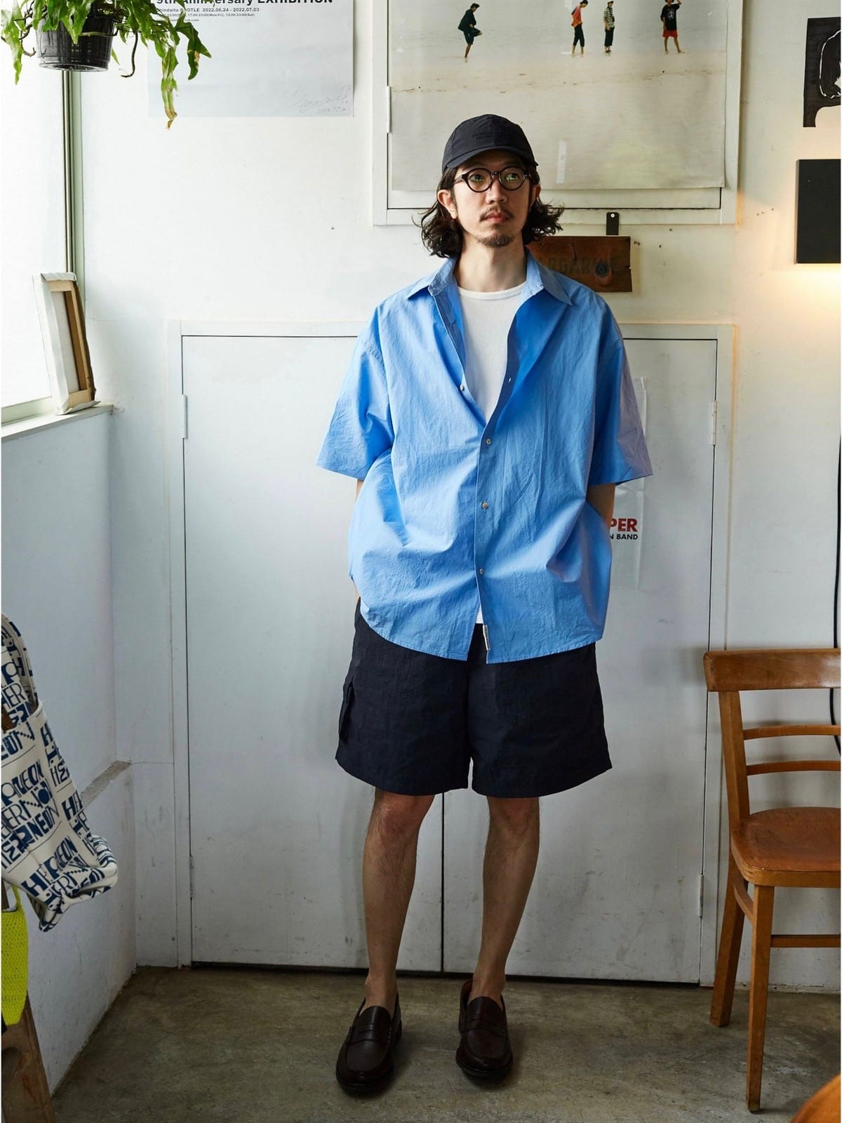 USAGE Cotton Crinkle Short Sleeve Shirt in Blue - On Male Model