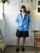 USAGE Cotton Crinkle Short Sleeve Shirt in Blue - On Male Model