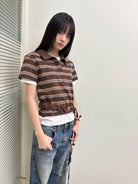 NeverSeez Striped Drawstring Cropped Polo in Brown - On Female Model