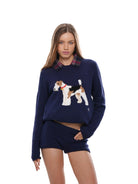 SweetChilling Fox Terrier Jacquard Pullover in Navy - On Female Model