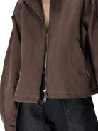D5ove Raw Edge Stand Collar Cotton Jacket in Brown - On Model