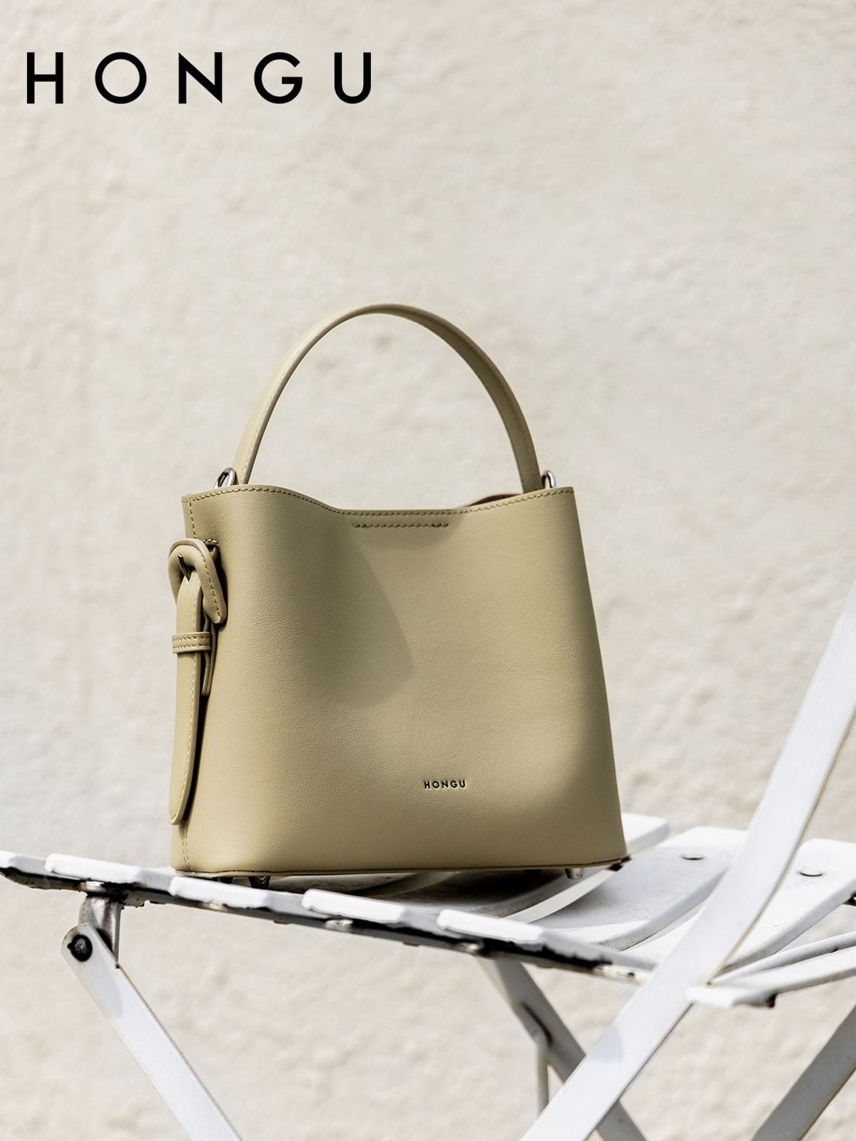 HONGU Cowhide Leather Bucket Bag in Beige - Lifestyle