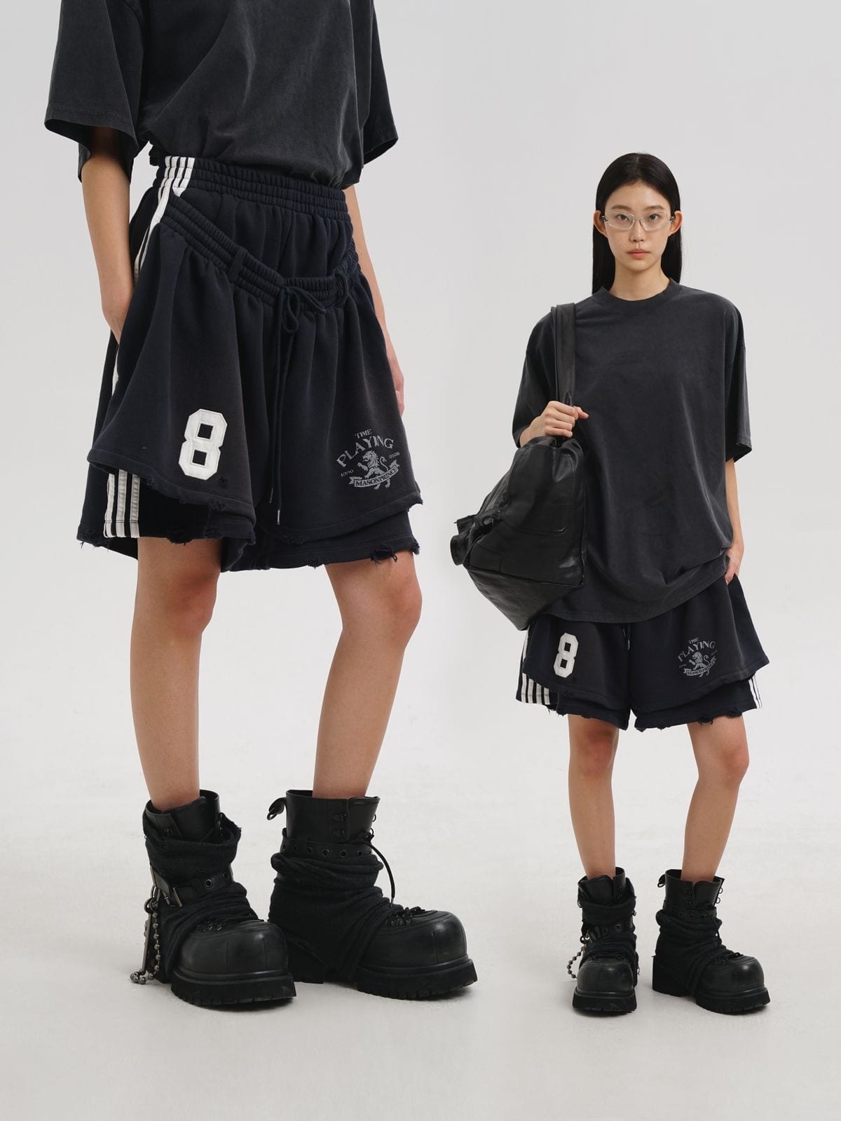 MASONPRINCE Convertible Layered Cotton Skirt Shorts in Black - On Female Model