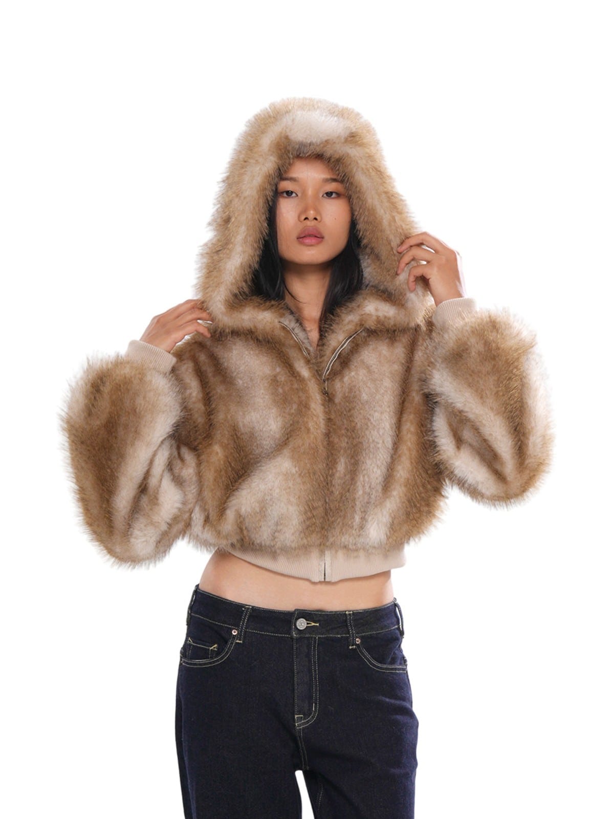 SweetChilling Faux Fur Hooded Cropped Jacket in Brown - On Female Model