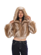 SweetChilling Faux Fur Hooded Cropped Jacket in Brown - On Female Model
