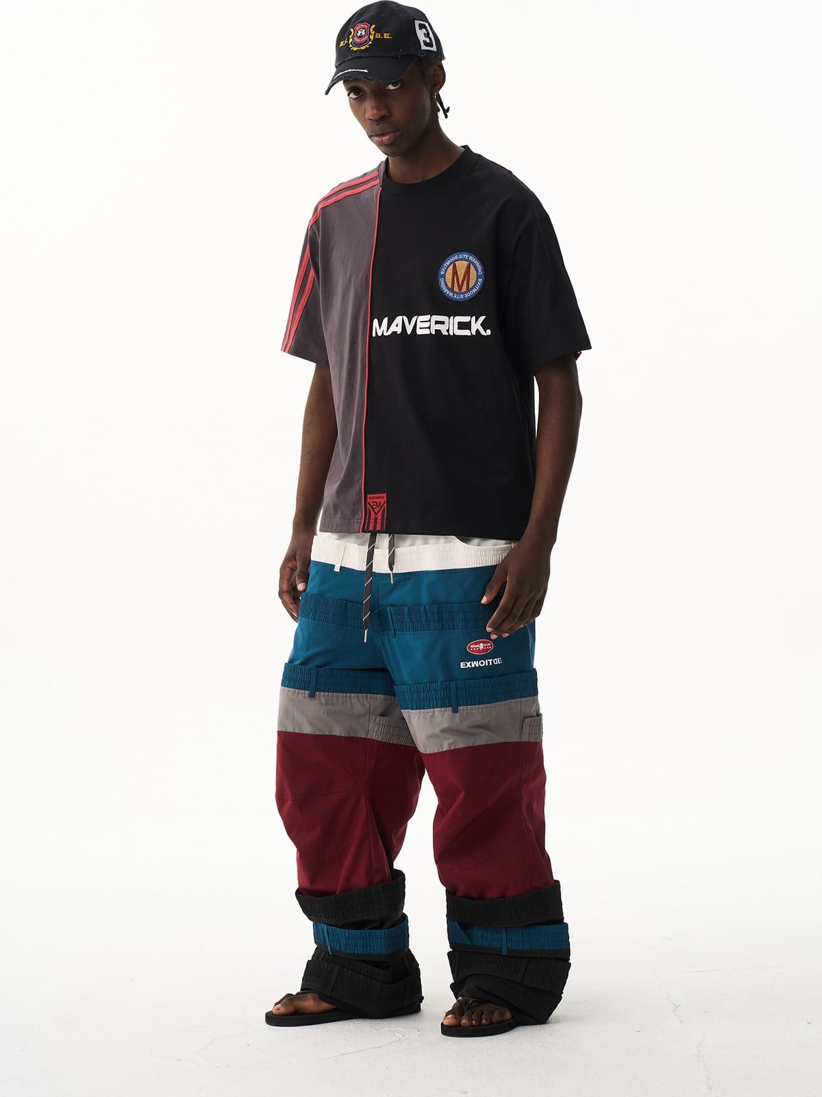 BLINDNOPLAN Panelled Embroidered Colorblock T Shirt in Black - On Male Model