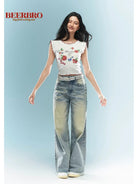 BeerBro Fruit Print Lettuce Edge Crop Top in White - On Female Model