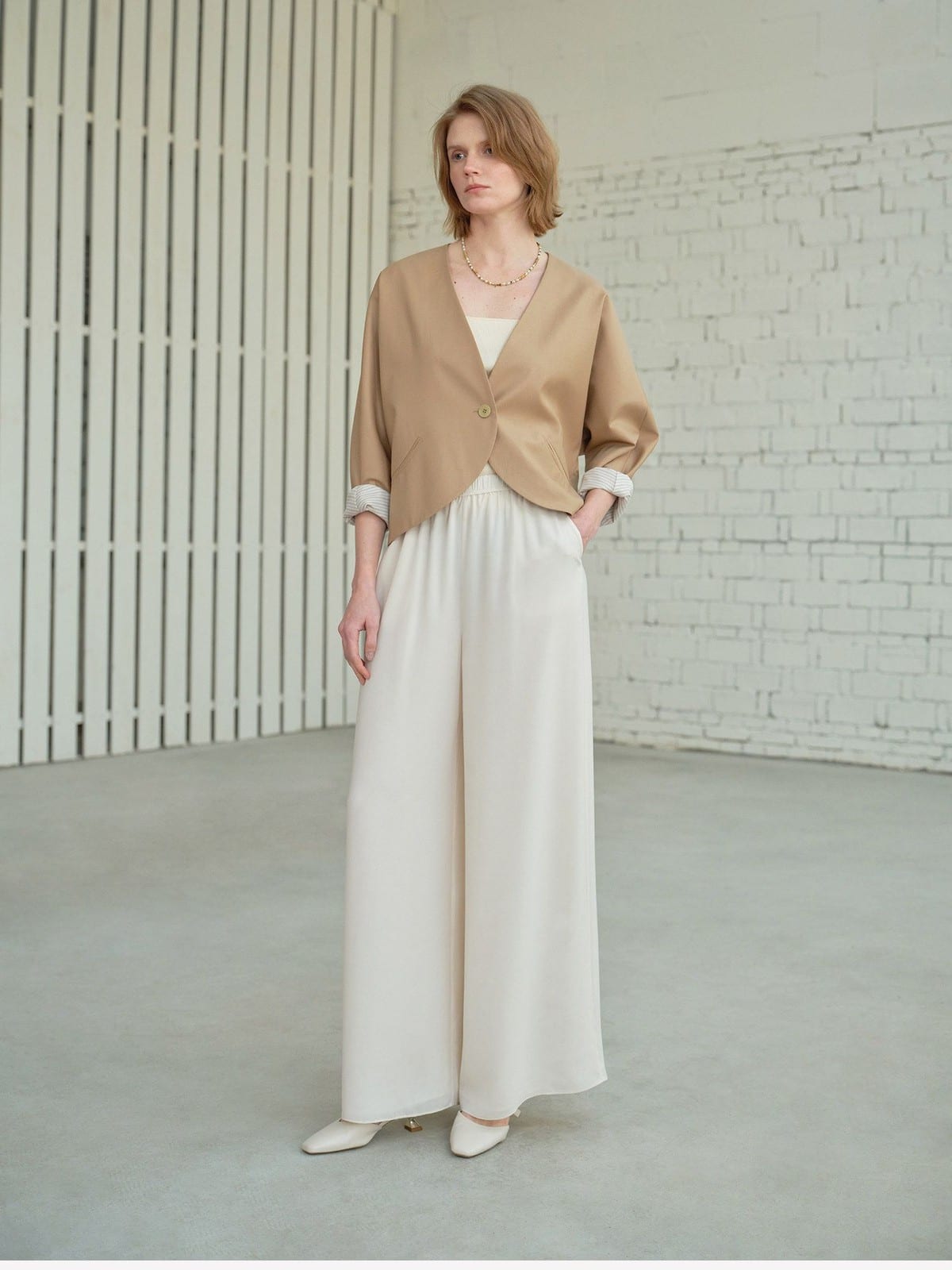 TEASEL Scalloped Edge Wool Blend Cropped Blazer in Beige - On Female Model