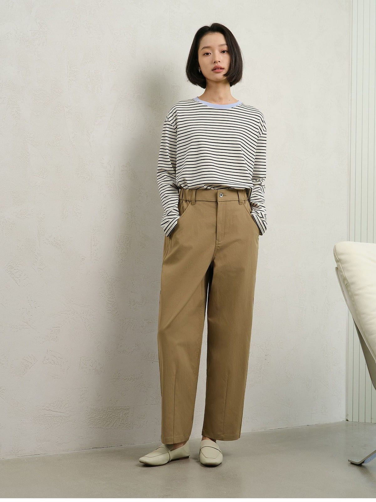 TEASEL Half Elastic Solotex Cocoon Pants in Beige - On Female Model