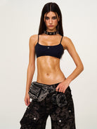 SMFK Distressed Denim Waist Bag in Gray - On Female Model