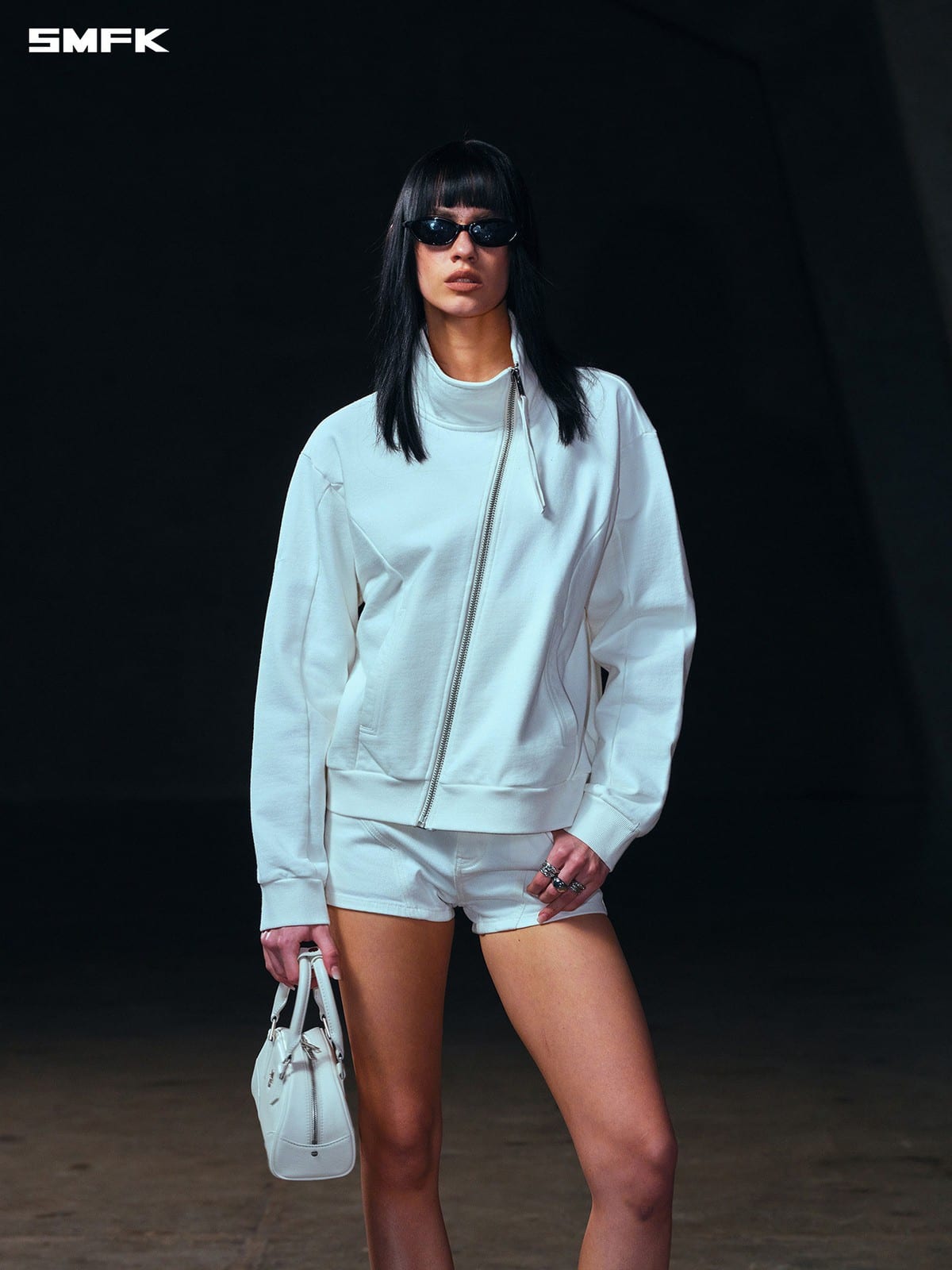 SMFK Asymmetric Zip Cotton Track Jacket in White - On Female Model