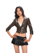 SweetChilling Glossy Faux Leather Cropped Jacket in Brown - On Female Model