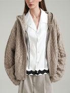 Retro 21 Cable Knit Wool Blend Zip Hoodie in Khaki - On Female Model